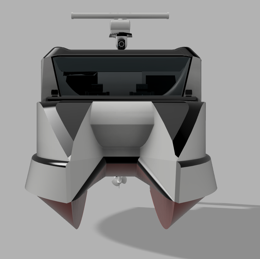 Close-up of a futuristic robot with a sleek, angular design, featuring a curved black visor, gray and black body parts, and a robotic arm or antenna on top, set against a plain gray background.