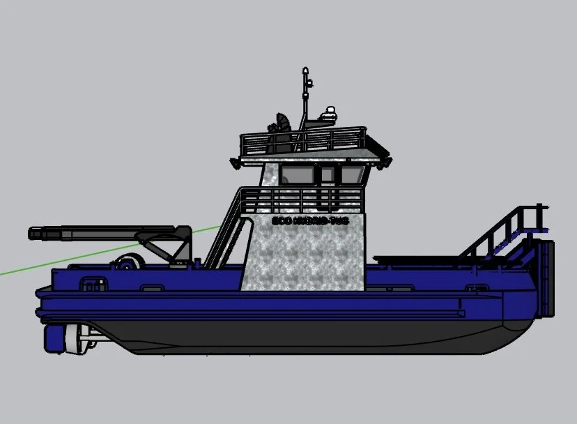 A digital illustration of a tugboat with a black hull, gray superstructure, and a small deck on top with antennas and equipment, set against a plain gray background.
