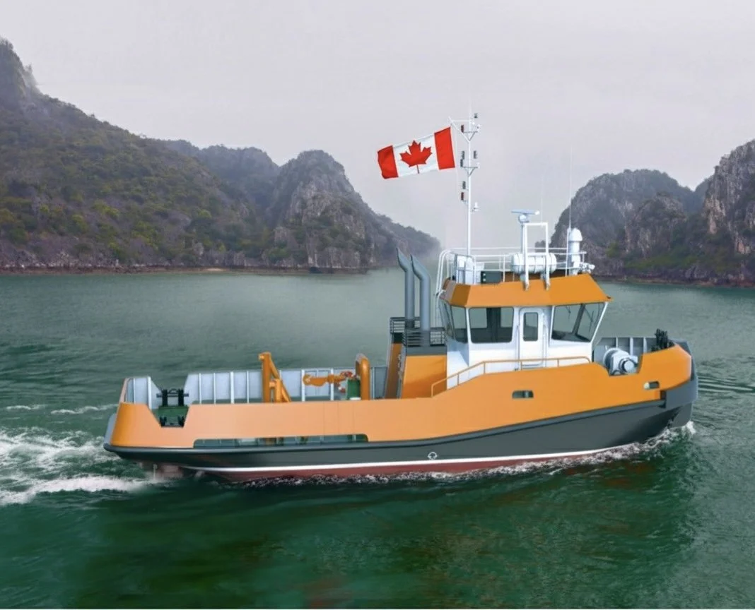A boat with an orange and white exterior on water, flying a Canadian flag, with mountains in the background.