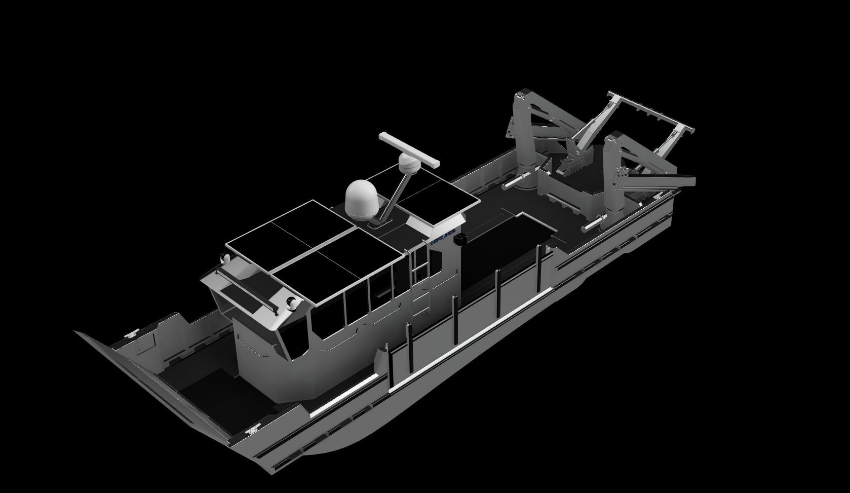 A digital 3D rendering of a robotic boat with two robotic arms and solar panels on the roof.