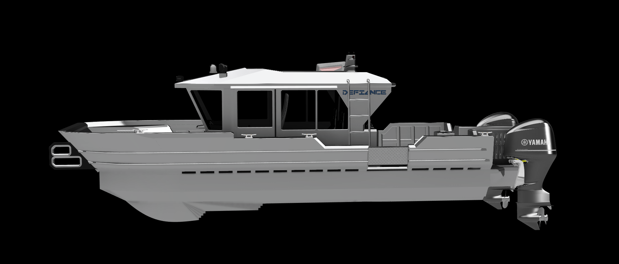 Digital rendering of a modern boat with a Yamaha engine, featuring a sleek design and an enclosed cabin, on a black background.