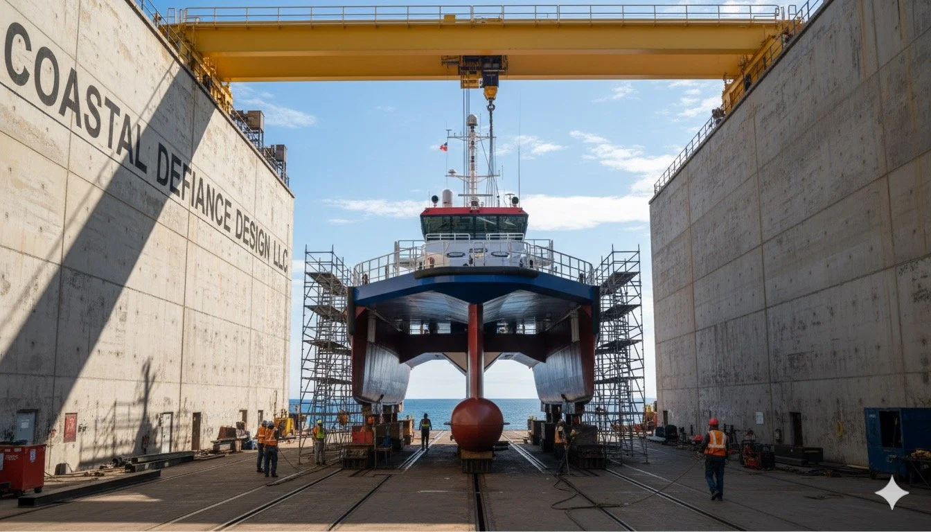 A large cargo ship in dry dock with scaffolding on both sides and a yellow gantry crane above, with workers around the area preparing the ship