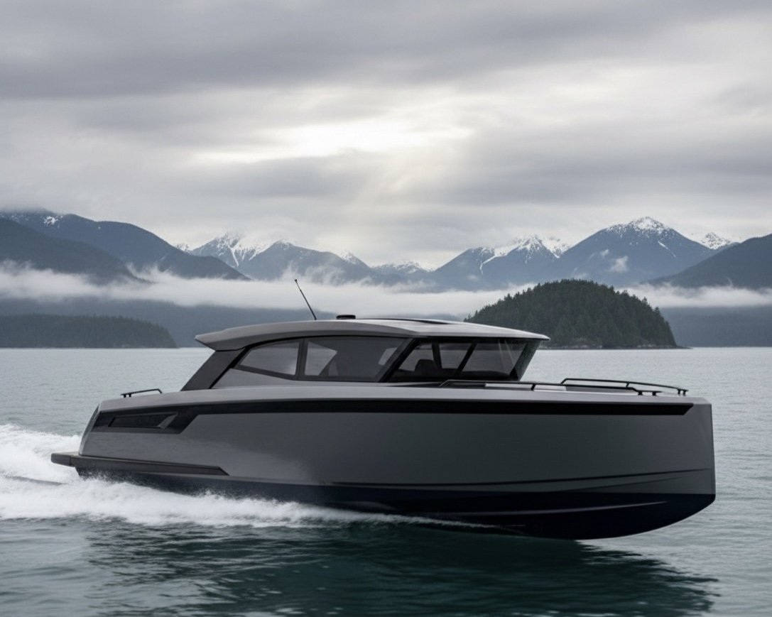 A modern gray yacht sailing on calm water with a backdrop of snow-capped mountains and a cloudy sky.