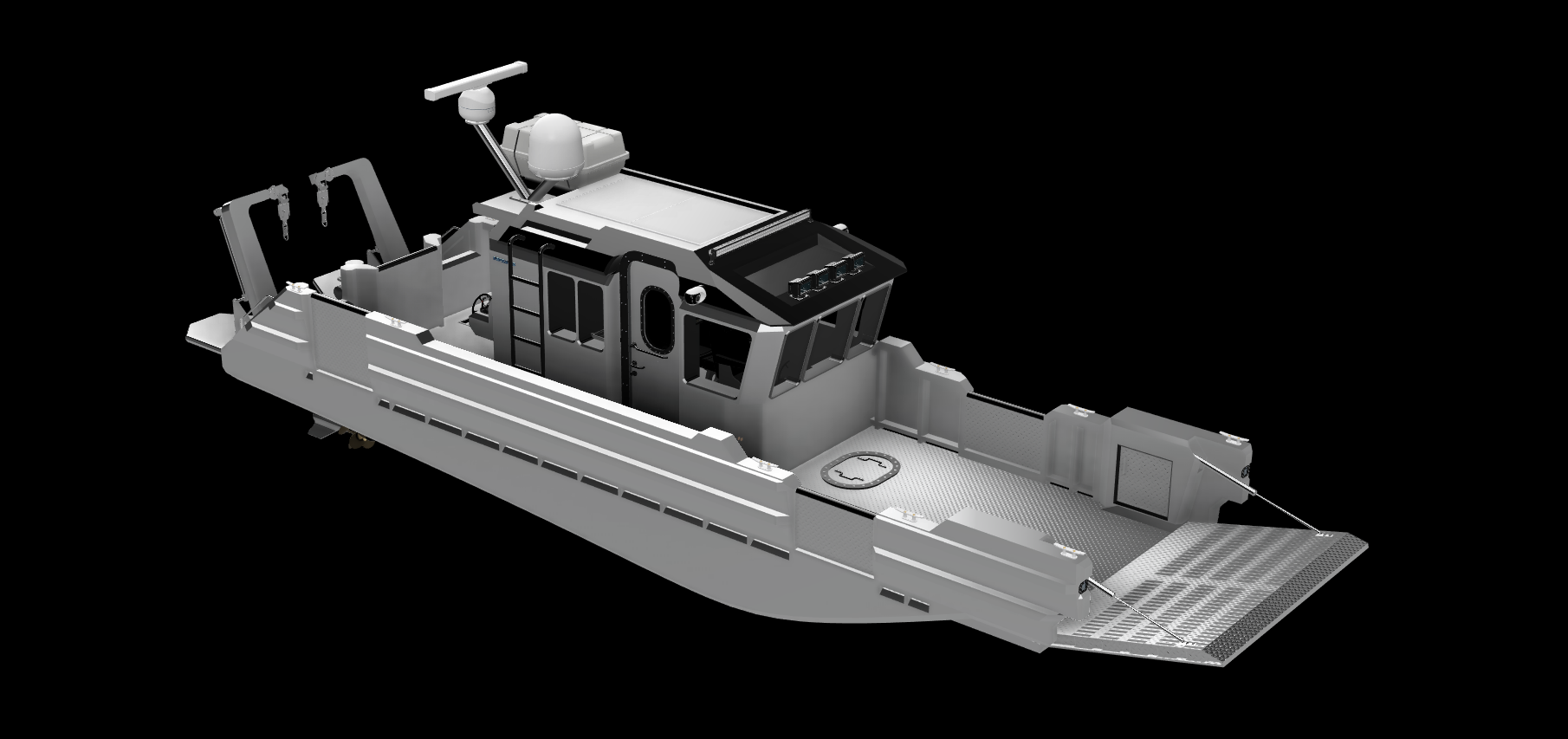 A 3D rendering of a robotic vessel with a camera and antennas on top, a flat deck, and various panels and structures.