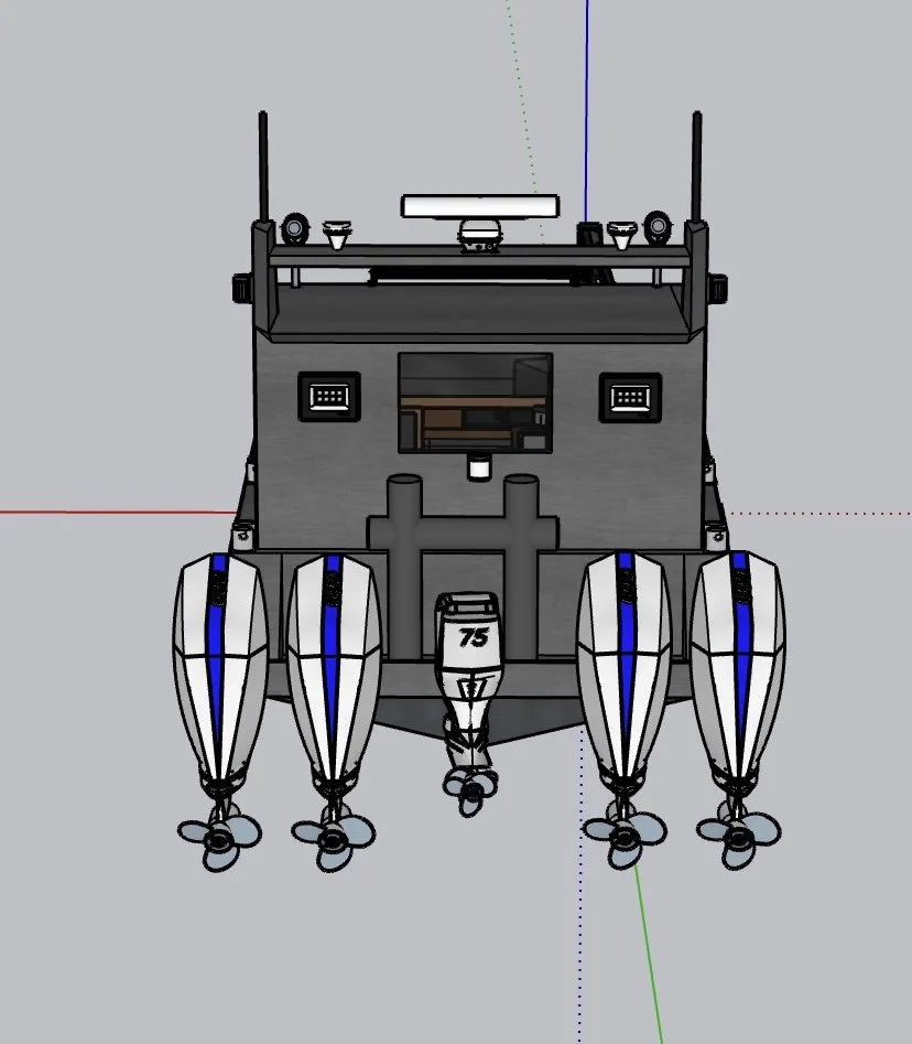 3D model of a boat with four outboard motors, a cabin with windows, and antennas on top.