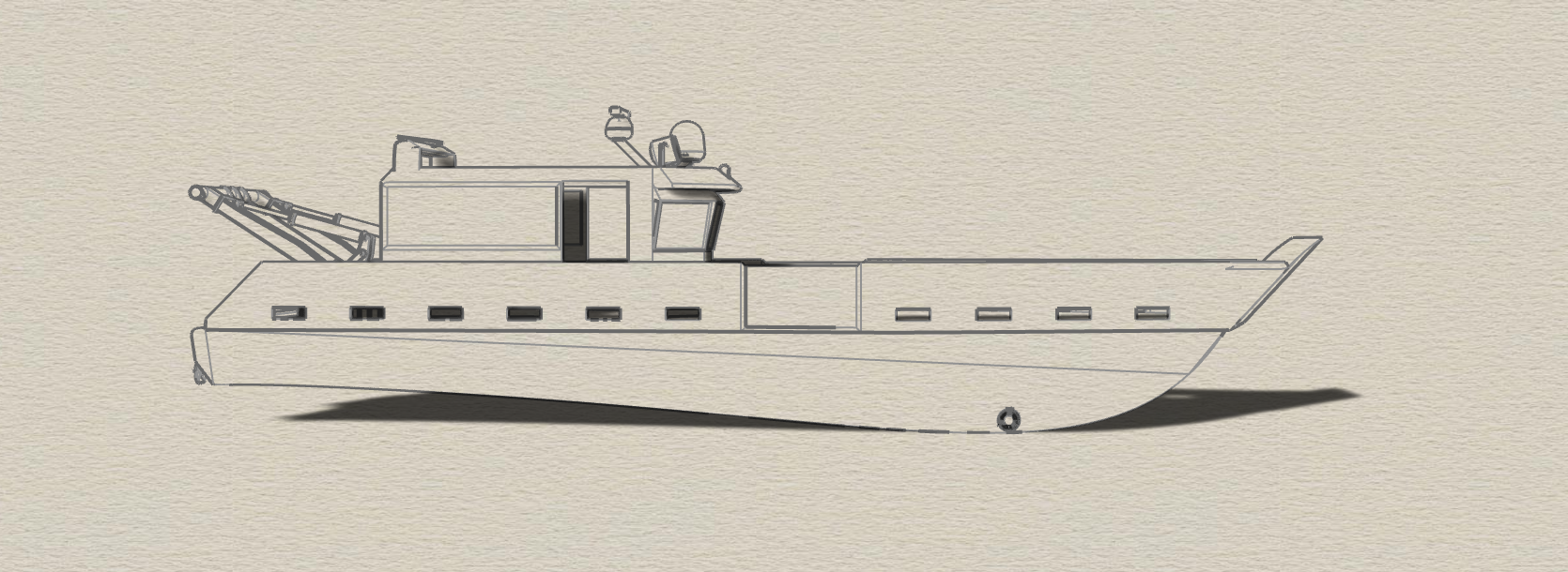 Line drawing of a boat with a flat hull, cabin, and multiple windows, on a beige background.