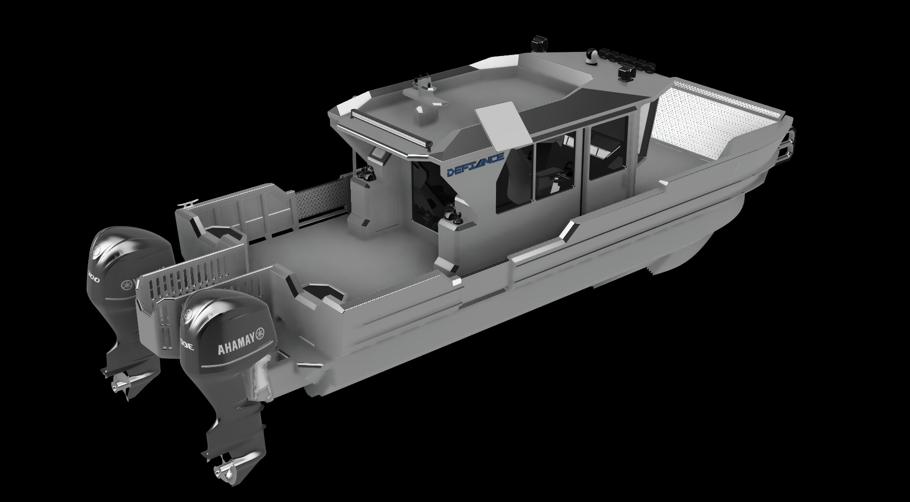 A gray speedboat with two Yamaha outboard engines at the stern, and a central cabin area with glass windows and equipment on the roof, isolated on a black background.