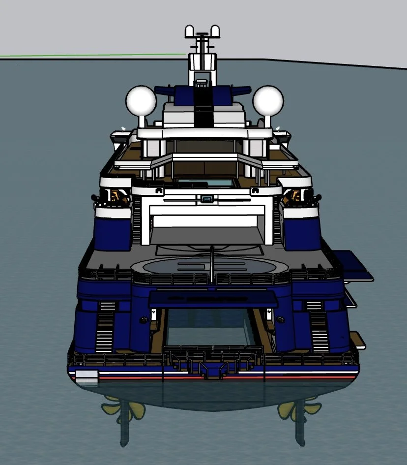 Digital illustration of a large yacht viewed from the front, showing the bow, decks, and various ship structures.