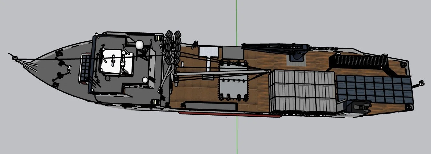 Top-down view of a ship interior layout with different sections and equipment.