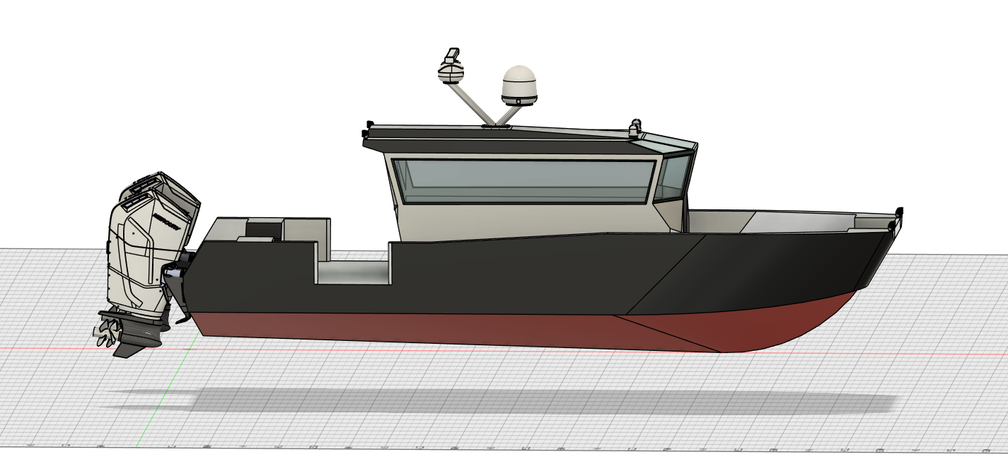 3D model of a boat with a large cabin, outboard motor, and radar equipment on top, seen from a side view.