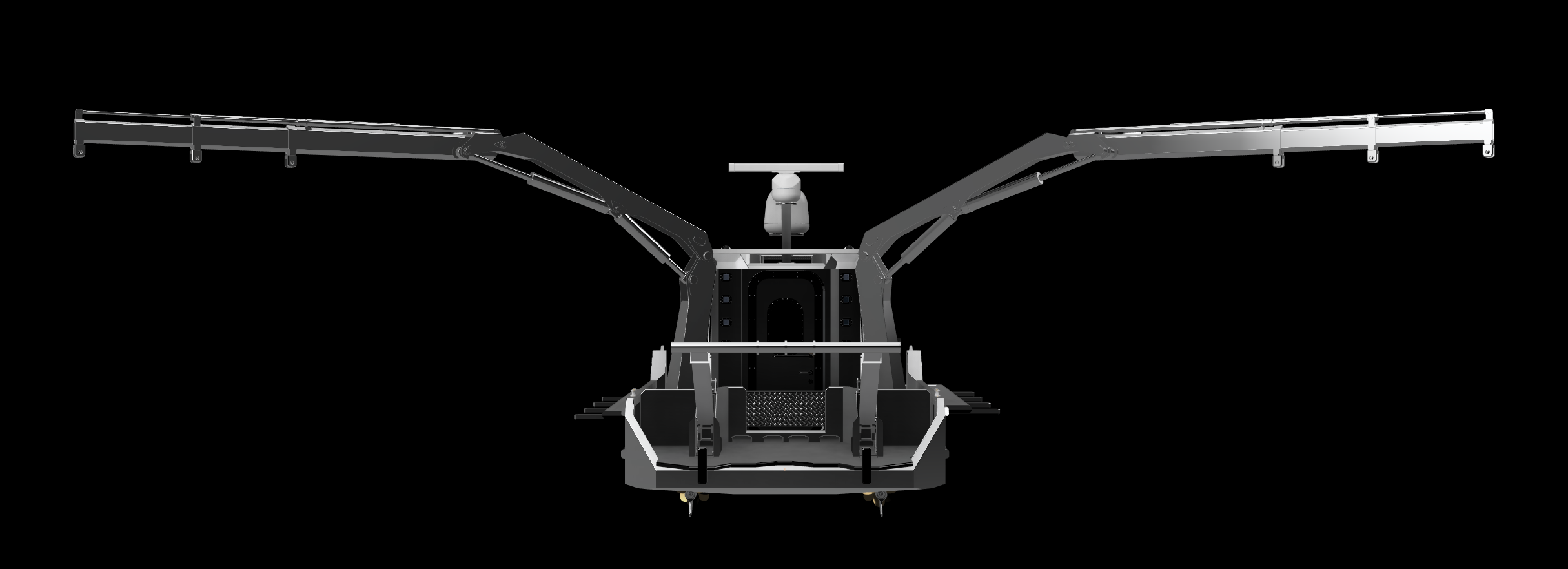 Front view of a military drone with extended wings against a black background.