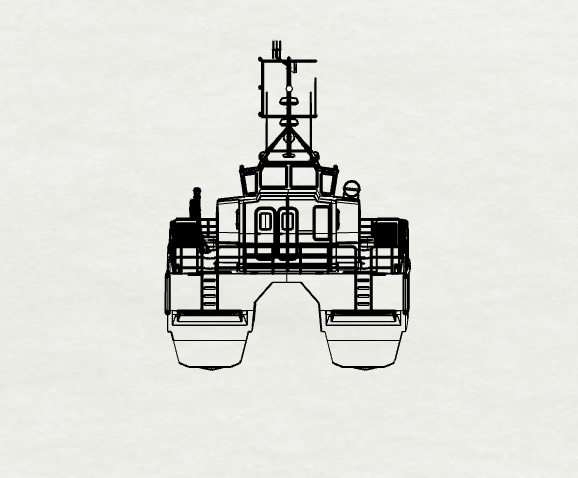 Black and white line drawing of a ship viewed from the front, showcasing the hull, superstructure, and antennas on the deck.