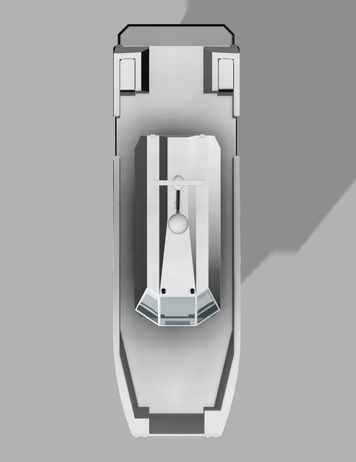 Top view of a spaceship or spacecraft on a gray surface with shadows cast to the right.