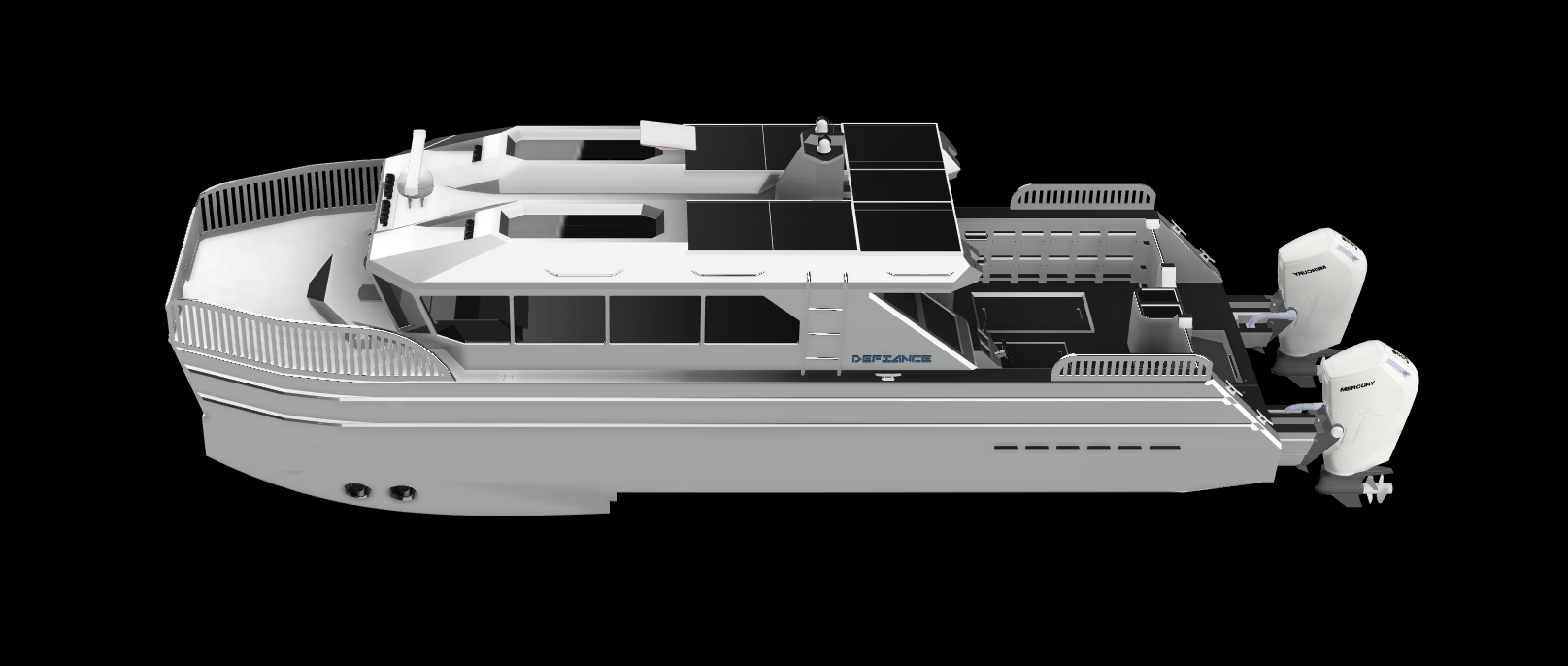 A modern white yacht with a black top, featuring multiple decks, a seating area at the front, and twin Mercury outboard engines at the back.