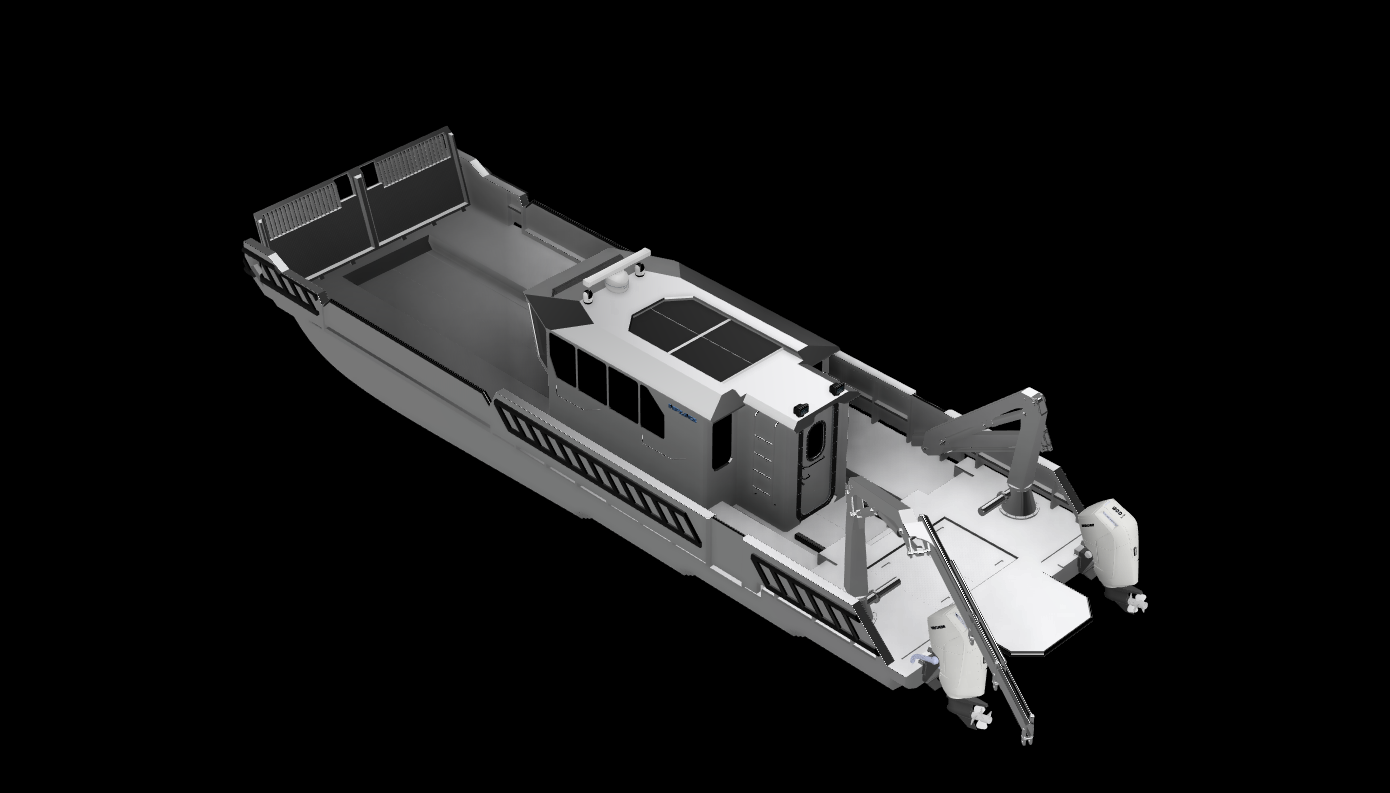 3D rendering of an autonomous electric vessel or boat with a robot arm on the front, control cabin, solar panels, and open deck area, set against a black background.