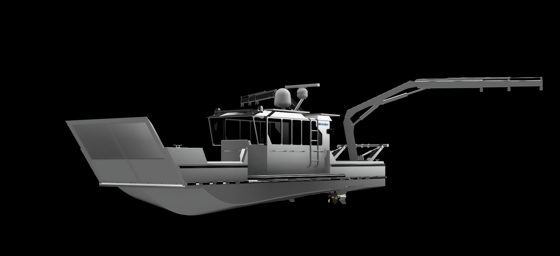A gray, futuristic boat with a cabin, radar, and a mechanical arm extending from the front, set against a black background.