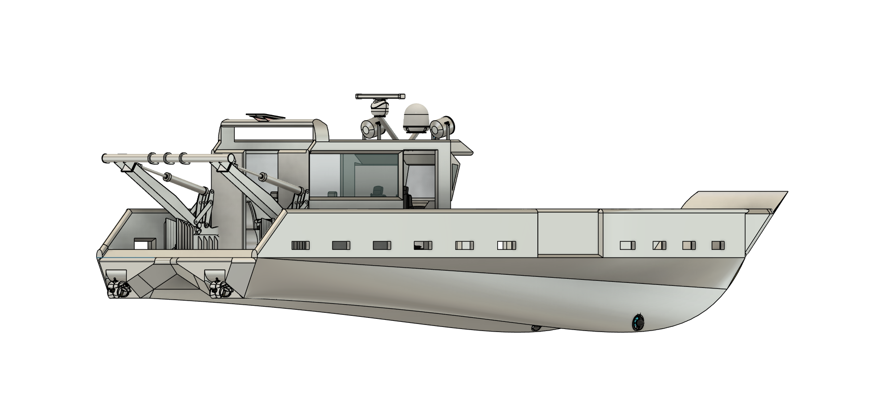 Digital illustration of a modern military naval ship with radar and weapon systems.