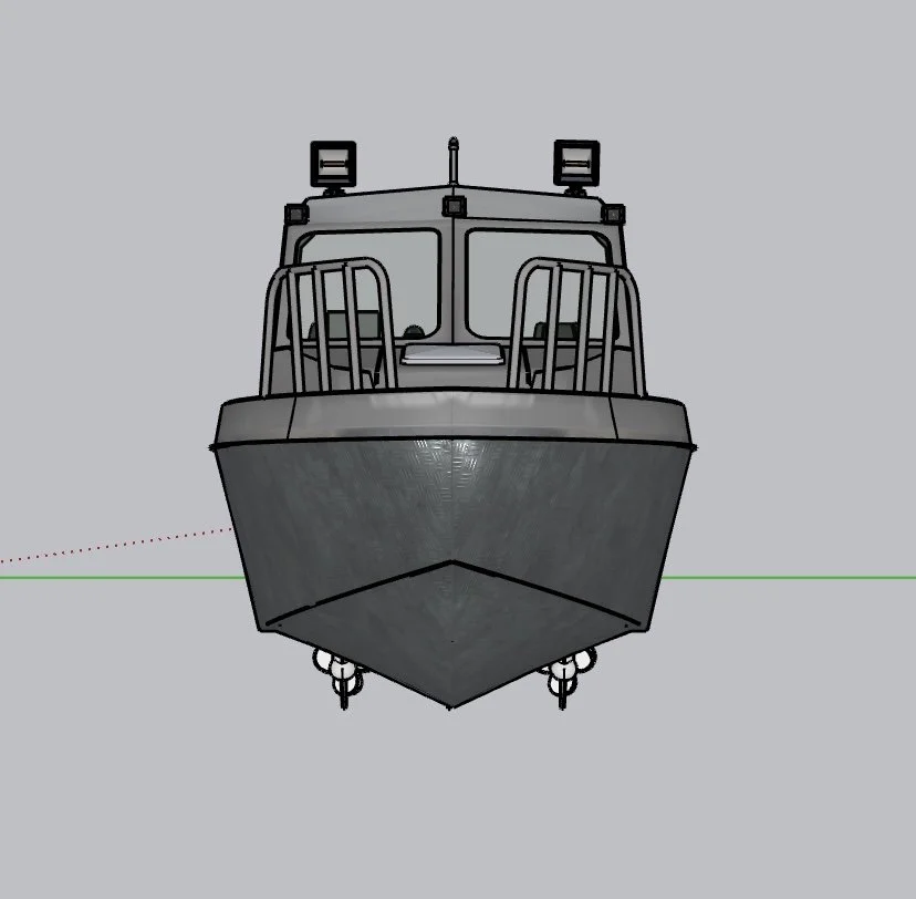 Front view of a boat with a dark hull and a raised cabin with railings.
