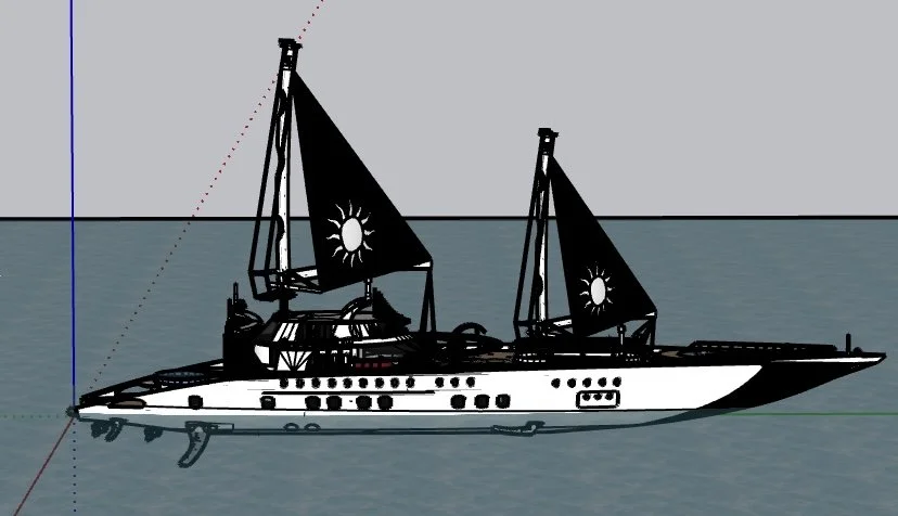 A digital illustration of a yacht with black sails and a sun symbol on the sails, floating on water with a simple background.