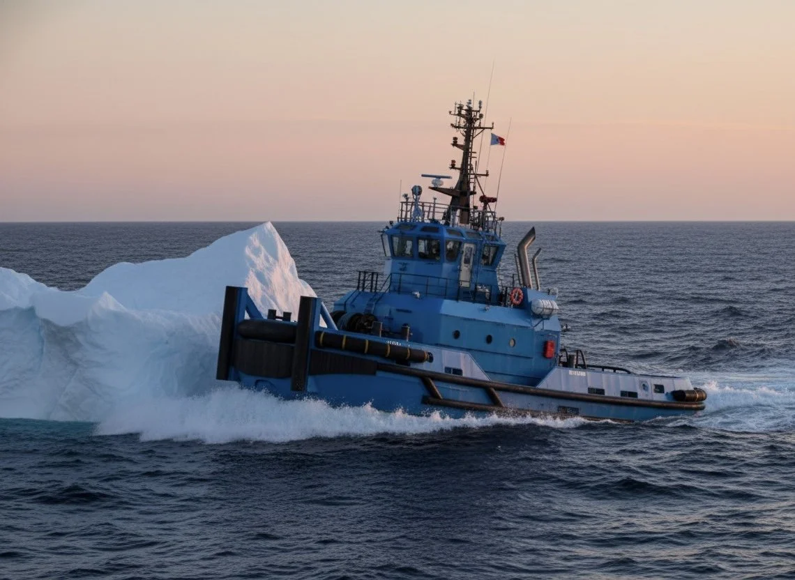 A blue tugboat moving through the ocean with an iceberg nearby during sunset.