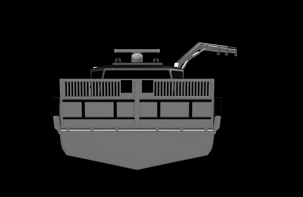 Front view of a military amphibious vehicle with a flat front and a crane on the right side, set against a black background.
