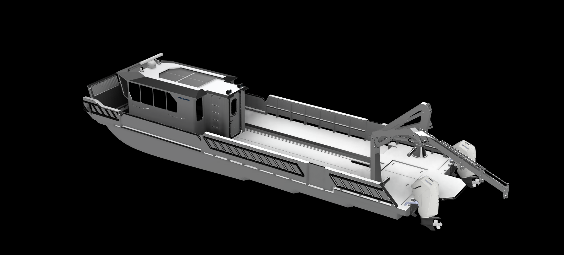 A digital rendering of an autonomous cargo ship with a gray and white exterior, featuring an open deck with a mechanical arm and control cabin, set against a black background.