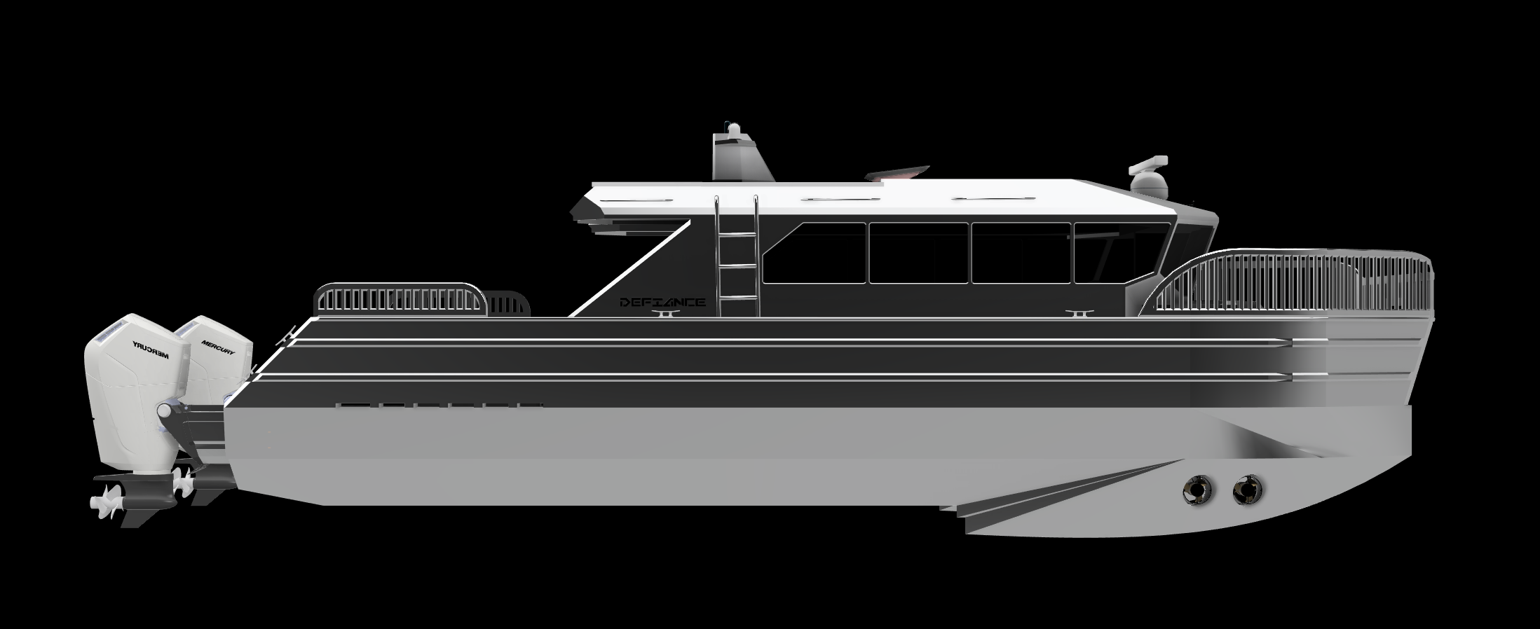 A modern luxury boat with twin Mercury outboard motors on a black background.