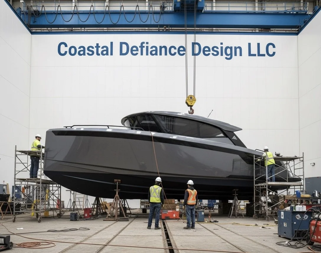A large boat is in a factory, raised on supports, with workers in safety vests and helmets around it. A crane lifts the boat inside a spacious indoor facility with a sign that reads 'Coastal Defiance Design LLC'.