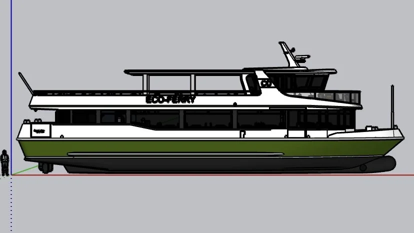 A digital illustration of a large boat with a green and white hull, black windows, and a cabin with an upper deck, with a person standing nearby for scale.