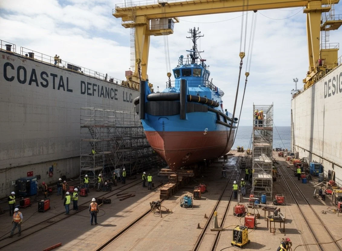 A ship being built or repaired in dry dock with workers, scaffolding, and equipment around it.