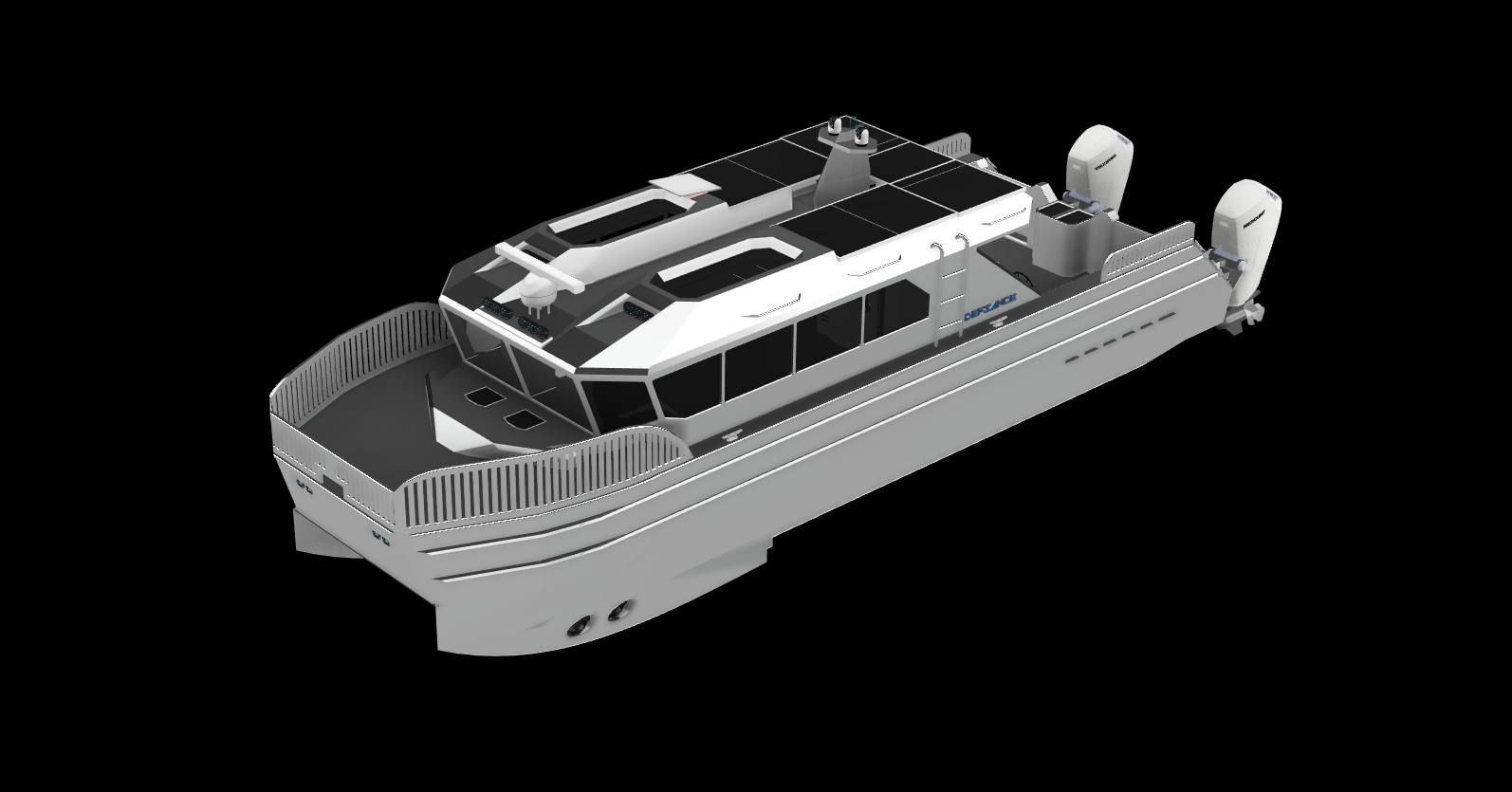 A digital rendering of a modern passenger ferry boat with a sleek white hull and an enclosed superstructure, equipped with two large outboard motors at the stern.