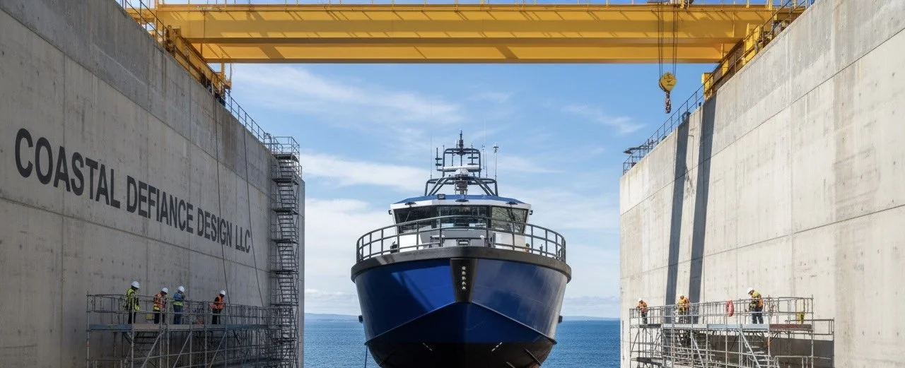A large ship inside a dry dock with workers on scaffolding, a yellow overhead crane, and a blue sky with clouds.