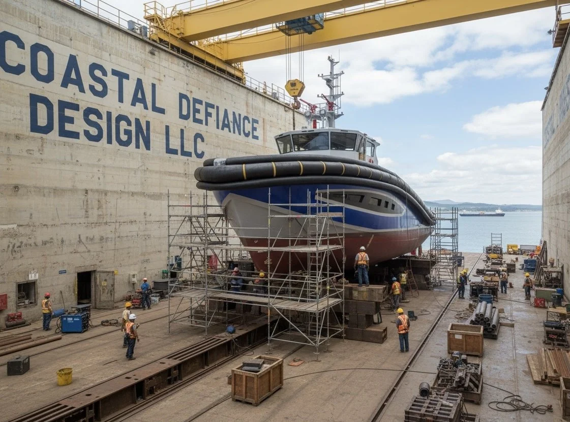 A large boat is being built or repaired in a shipyard, surrounded by scaffolding and workers wearing safety helmets. The ship is in a dry dock with high concrete walls, and a yellow crane is overhead. The water and sky are visible in the background.