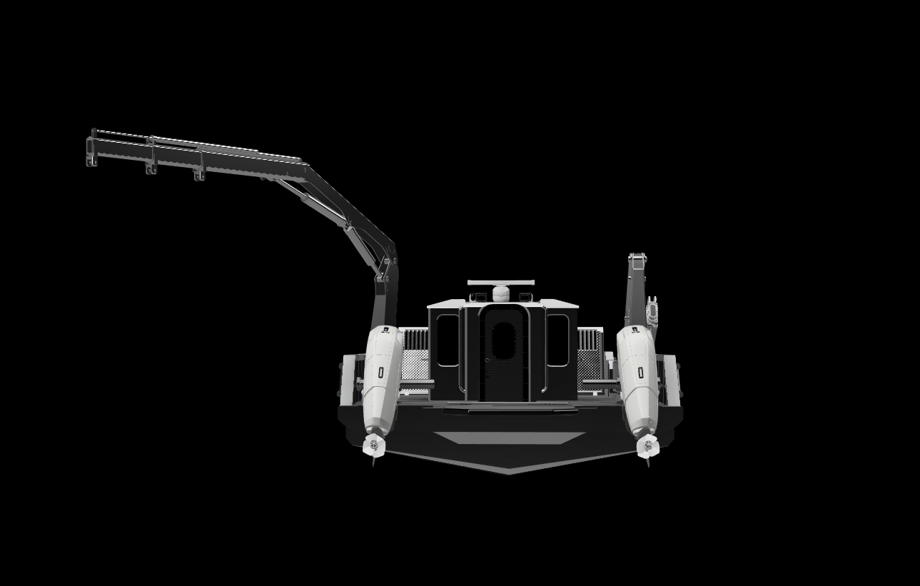 Front view of a robotic drone with two propellers, an extendable arm on the left, and a robotic leg on the right, displayed against a black background.