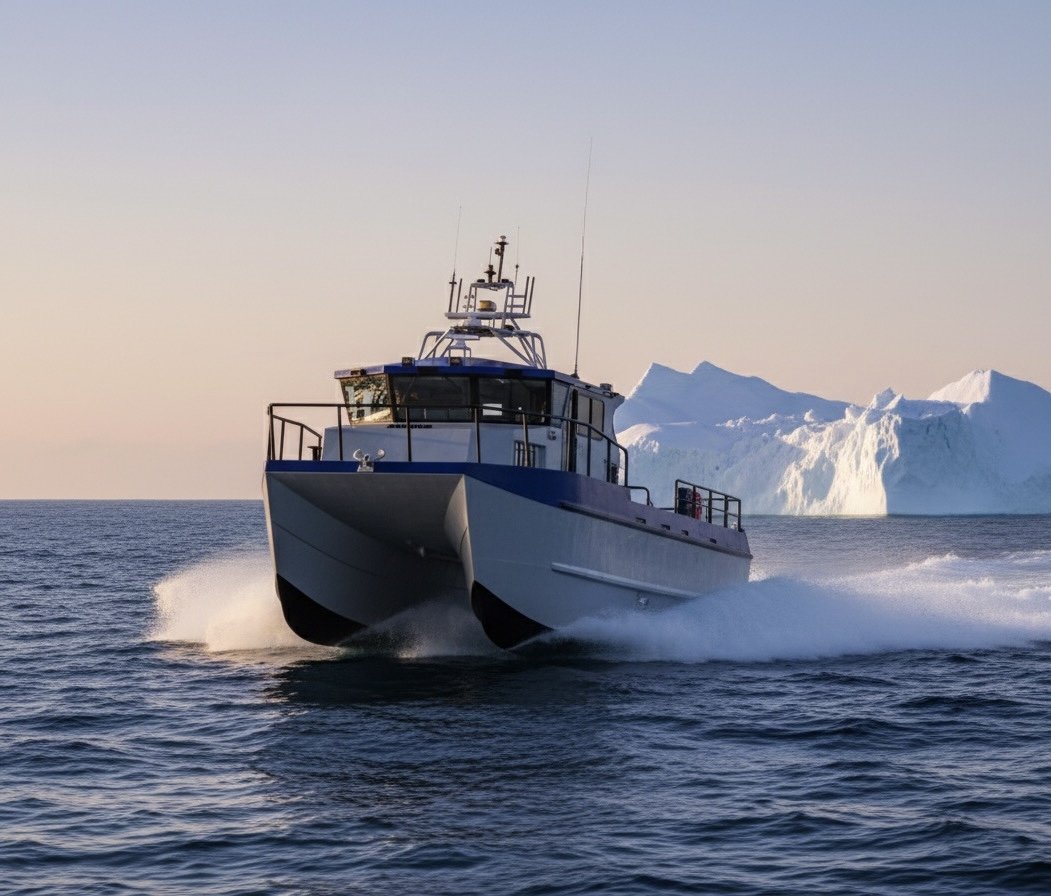 A boat speeding through water with icebergs in the background.