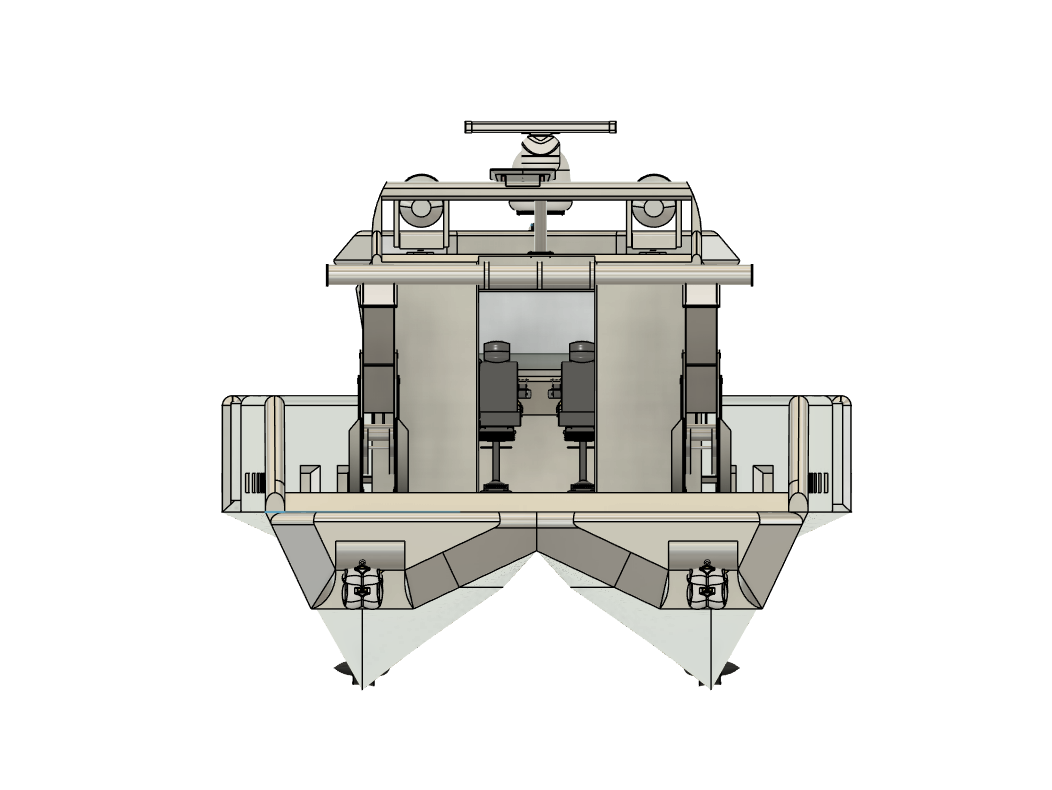 Front view of a modern patrol boat with a radar, dual seats in the cabin, and a flat bow with two anchor compartments.
