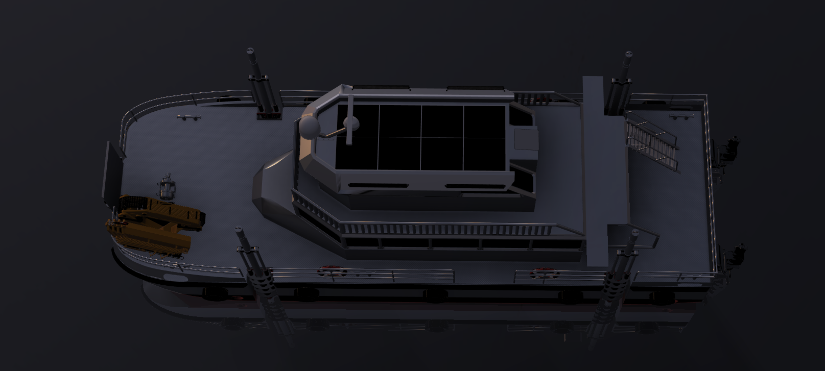Top-down view of a gray military or industrial vehicle equipped with a mounted turret, antennas, and various equipment on a flat, dark surface.