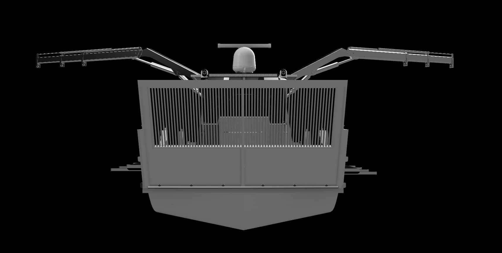 Front view of a drone with a large grille, robotic arms extended outward, and a spherical sensor or camera mounted on top.