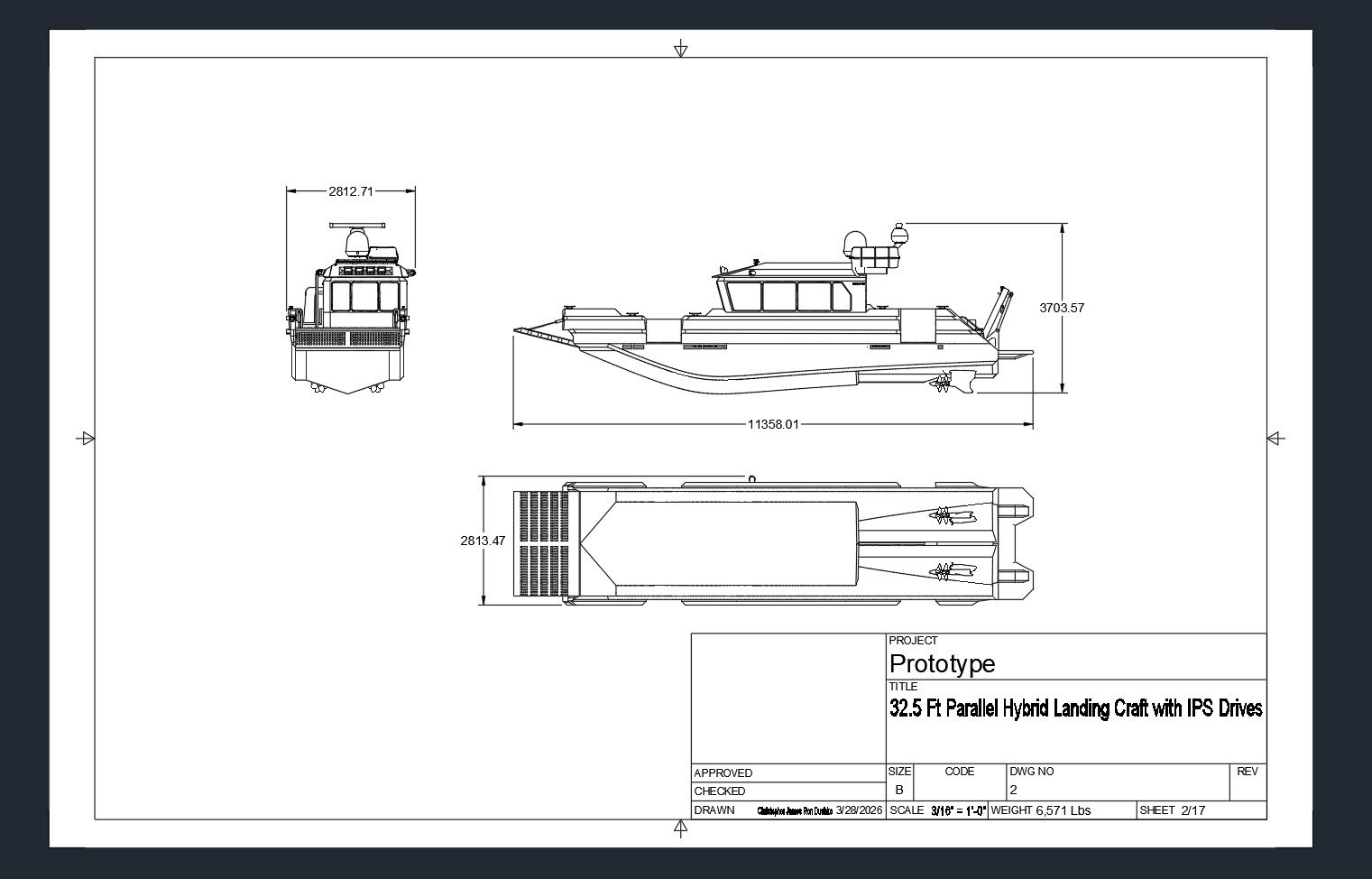 Technical drawing of a 32.5-foot hybrid landing craft with IPS drives, showing front, side, and top views with dimensions.