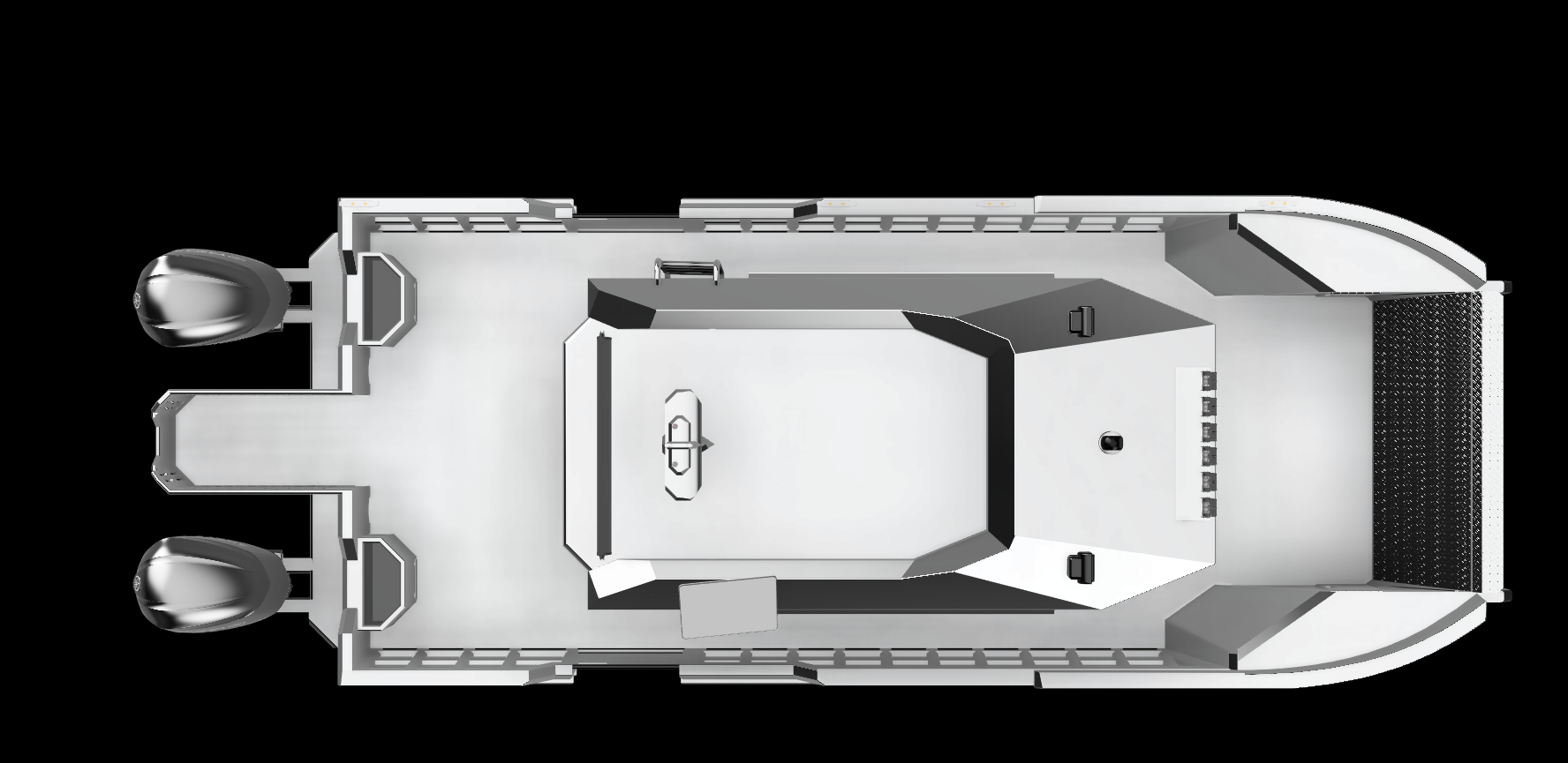 Top-down view of a white boat with two engines at the stern and an interior layout that includes seating, a central area, and storage compartments, set against a black background.