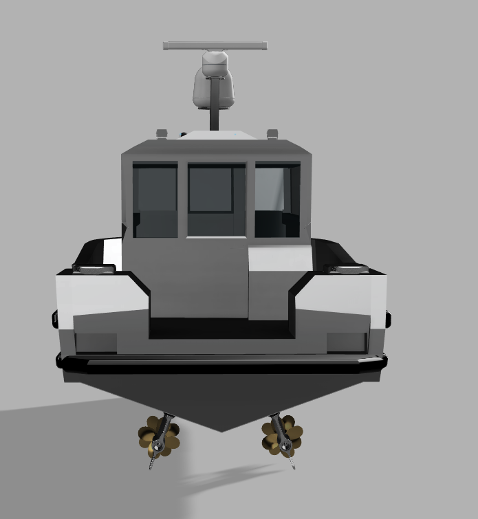 3D rendering of a boat with a gray cabin, black and white hull, and two gold-colored propellers underneath.