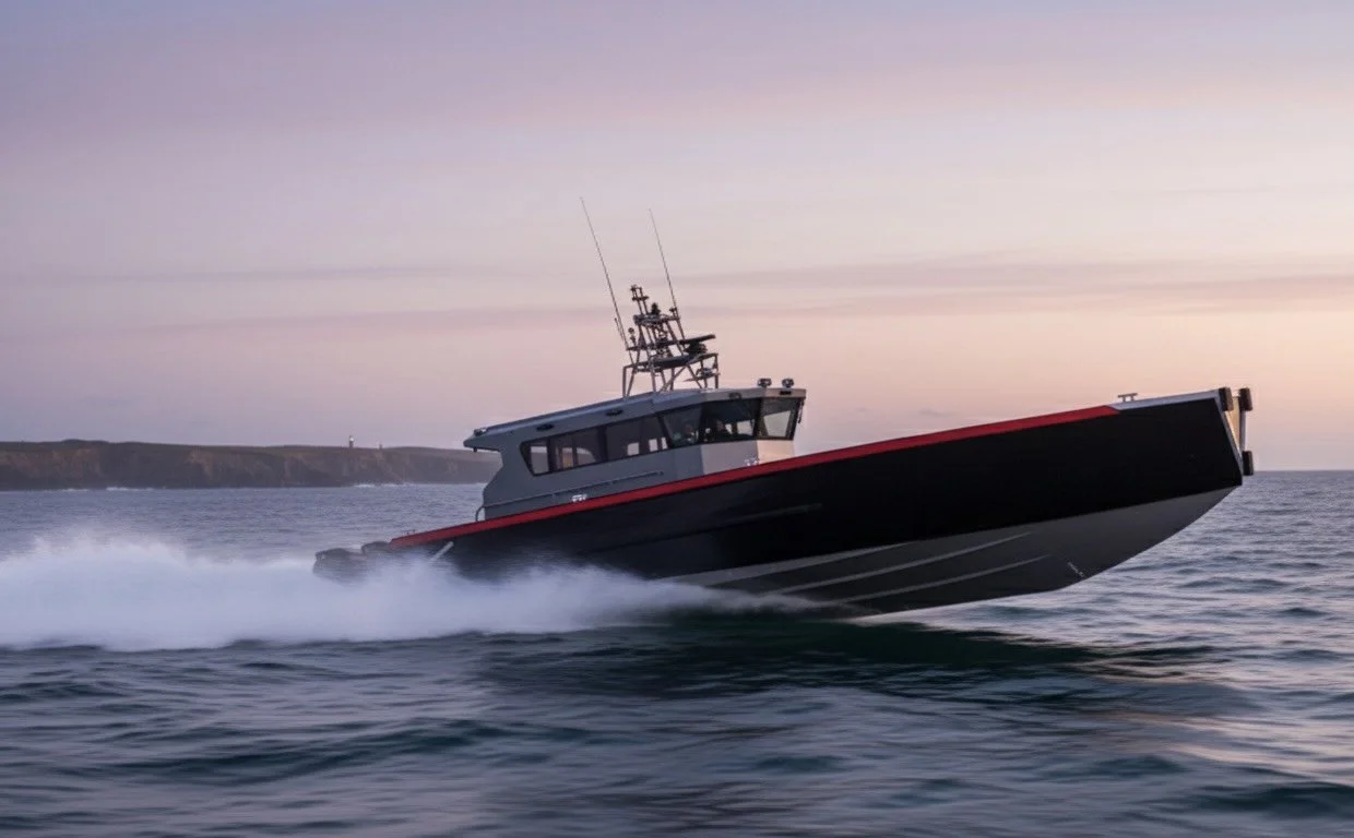 A motorboat speeding across the water at sunset, creating a splash and leaving waves behind.