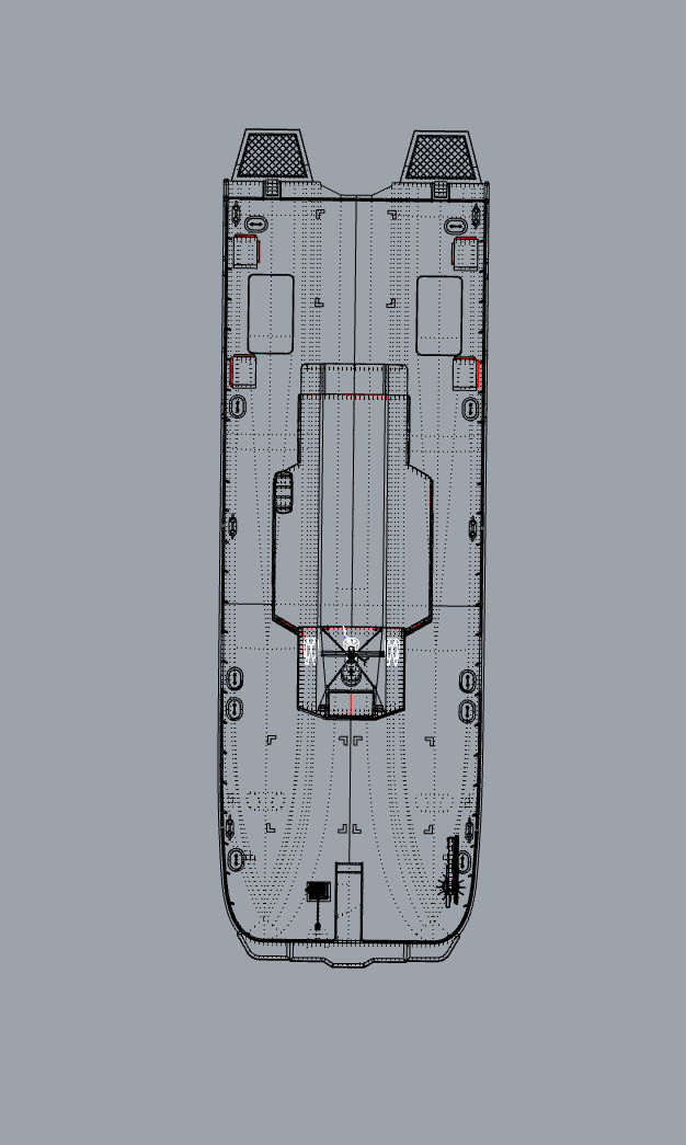 Top view schematic of a large yacht with detailed deck layout and features.