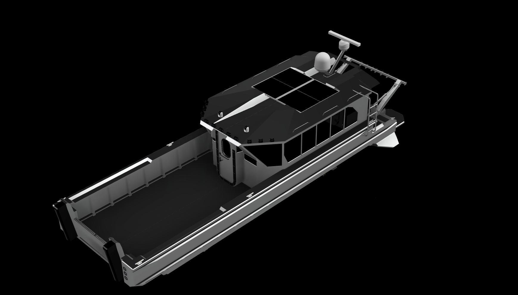 A futuristic black and gray amphibious vehicle with a flatbed, enclosed cockpit, solar panels on the roof, and a radar antenna, isolated on a black background.
