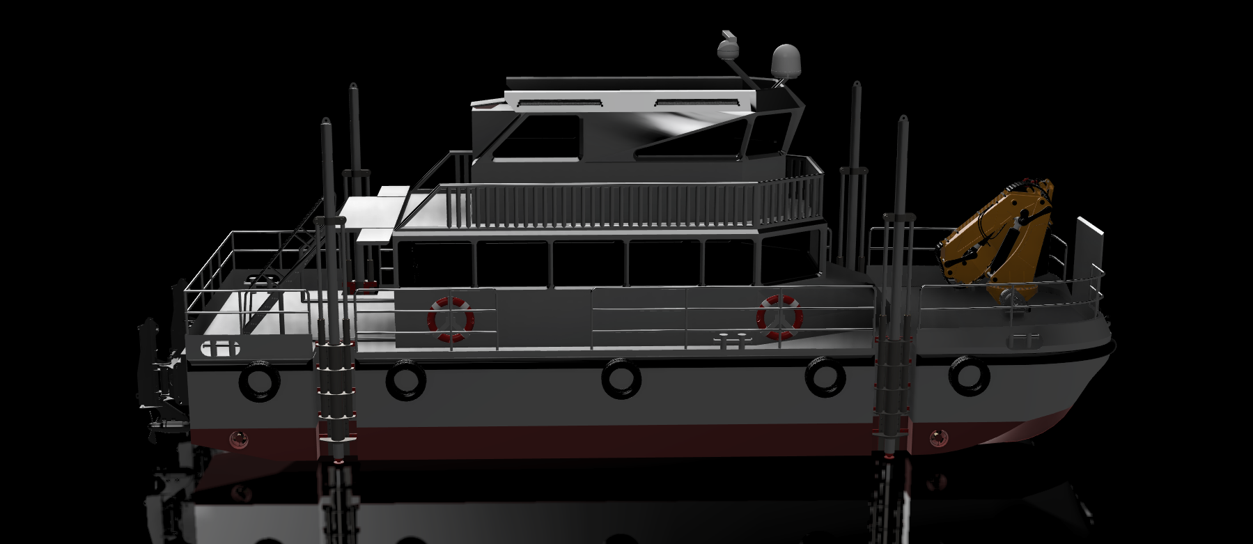 A detailed gray boat with a black hull, railings, life rings, a covered upper deck, and a small crane on the deck, positioned on dark water against a black background.