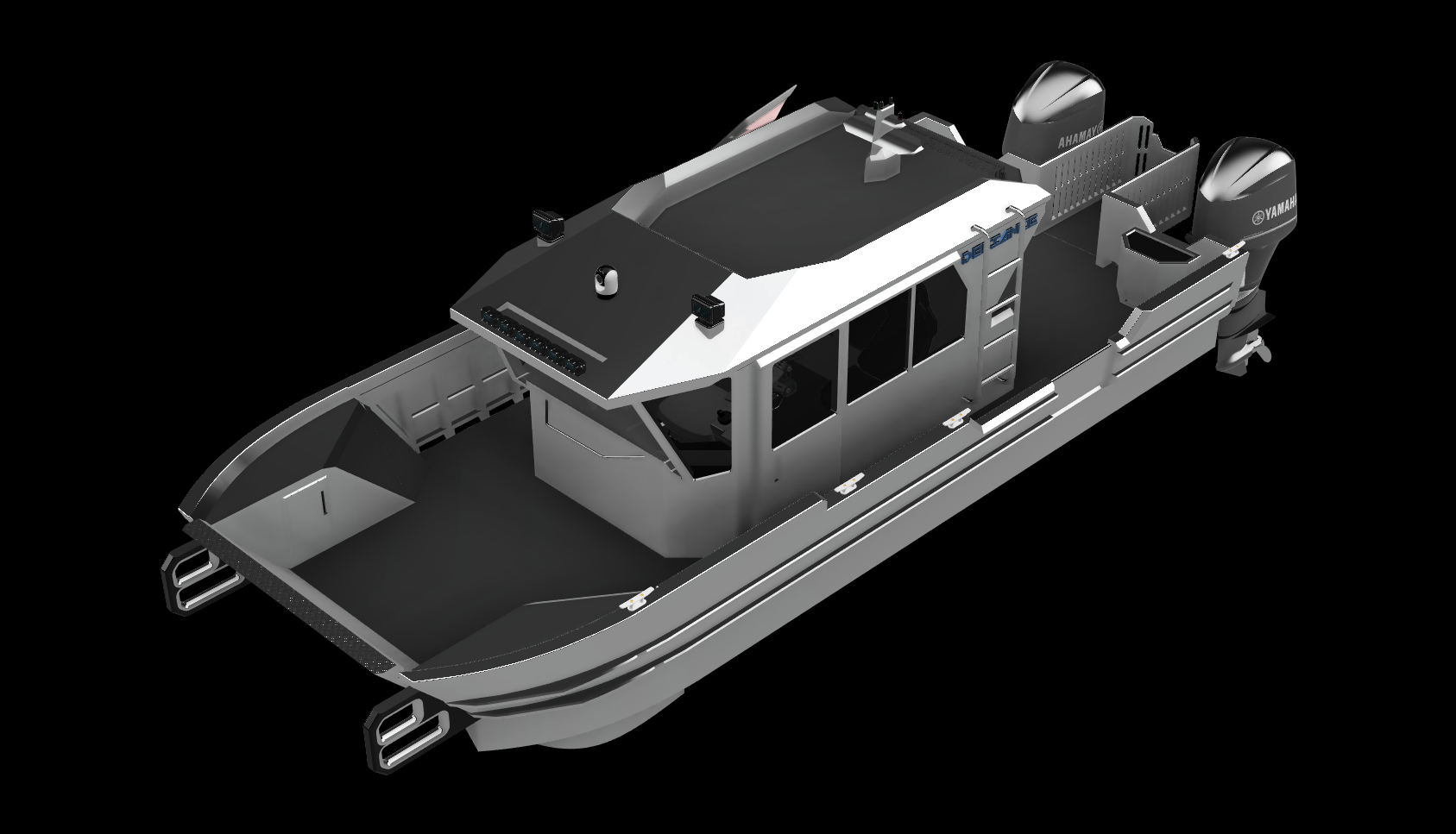 Digital rendering of a modern boat with two outboard motors, a black and white cabin, and various metal features.