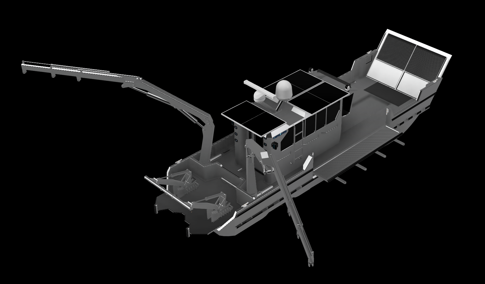 3D rendering of a futuristic drone or aircraft with solar panels, antennas, and a cabin seating area, all set against a black background.