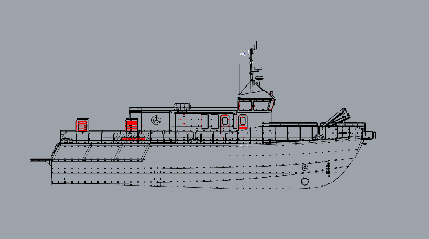 Line drawing of a ship with antennas and safety equipment.