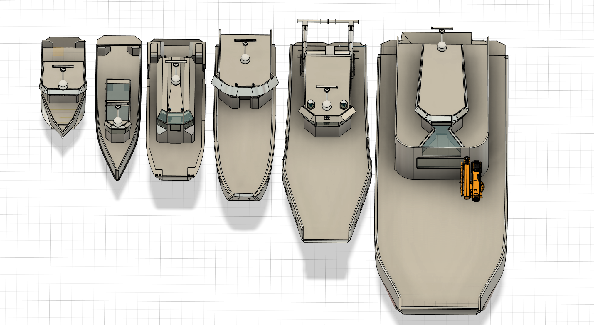 Top view of seven boats of varying sizes docked side by side on a grid surface.