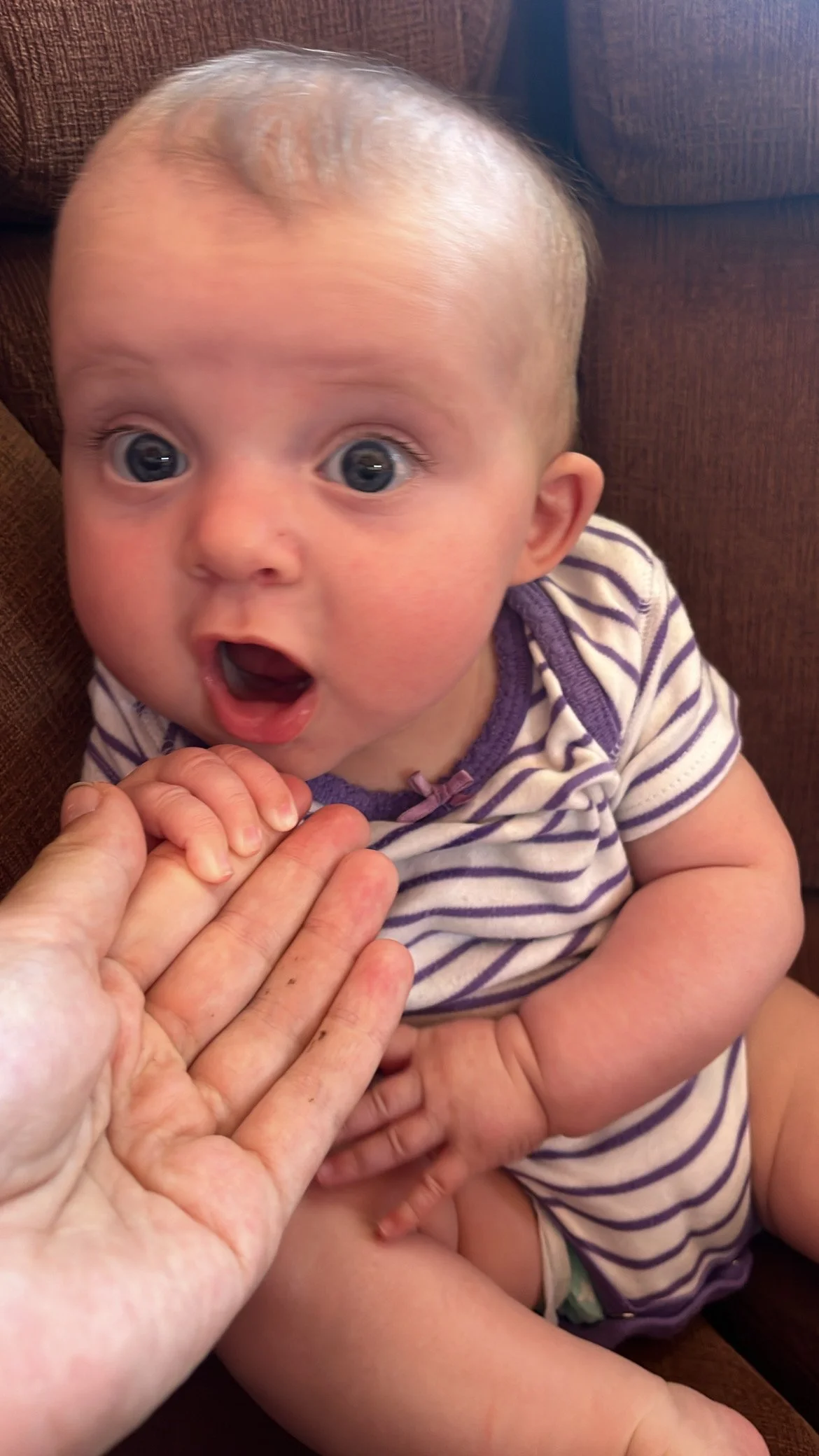 Charlotte Dushko with wide eyes and an open mouth, holding hands with an Anna. The baby is wearing a striped onesie and sitting on a brown couch Aboard a 46Ft Motor Yacht Called "Morning Mist 1".